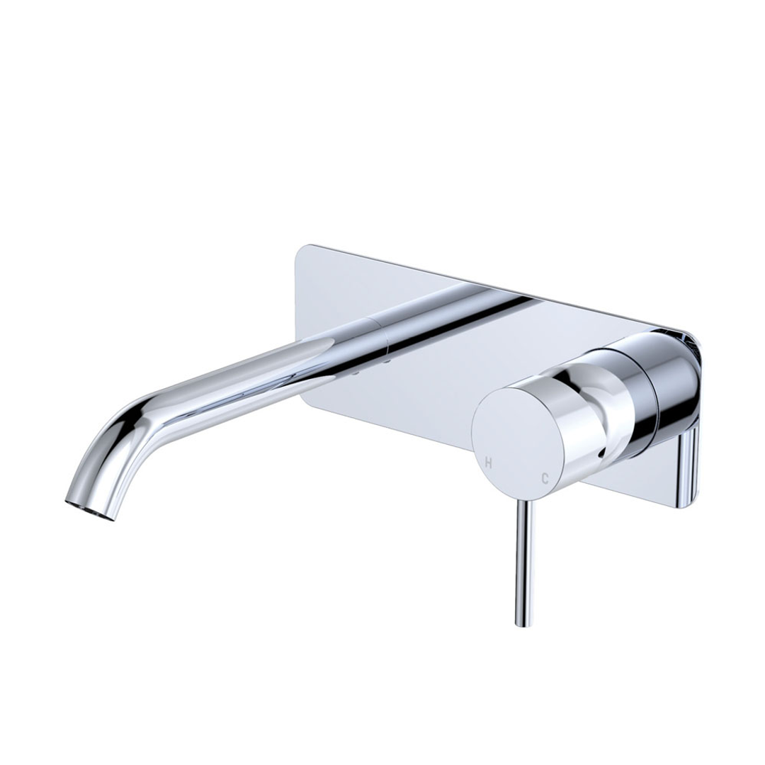 Fienza Kaya Basin/Bath Wall Mixer Set Soft Square Plates 160mm Outlet - Chrome/Chrome