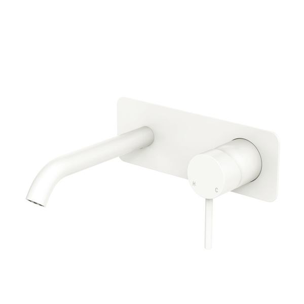 Fienza Kaya Basin/Bath Wall Mixer Set Rectangular Plate 160mm Outlet Matte White