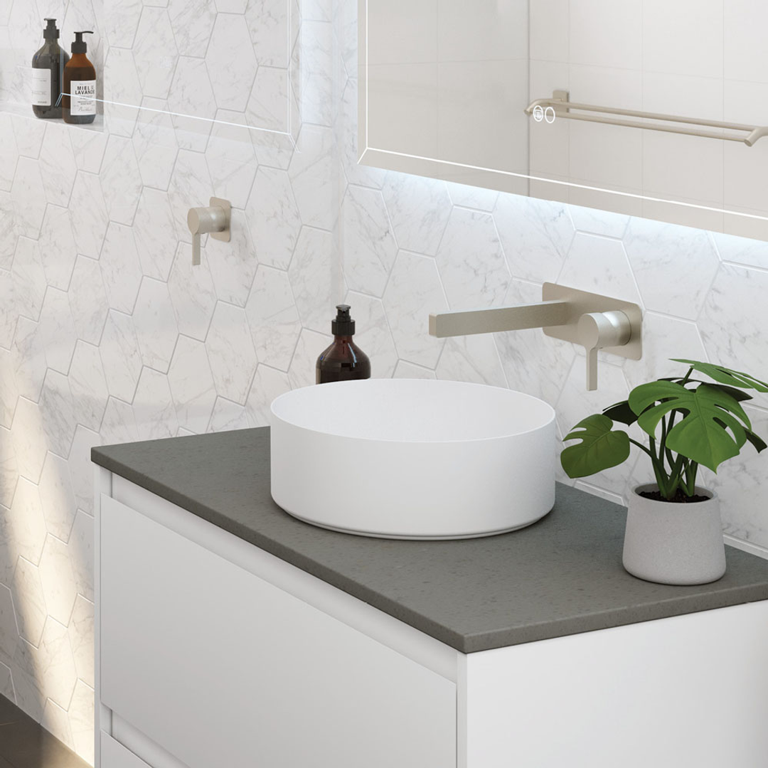 Fienza Sansa Basin Wall Mixer Set Brushed Nicked Soft Square Brushed Nickel Plate
