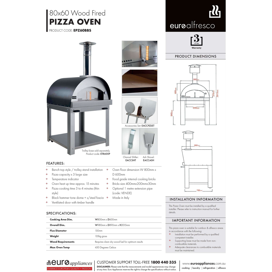 Euro Alfresco Pizza Oven 60X80 S/Steel & Black Epz60Bbs