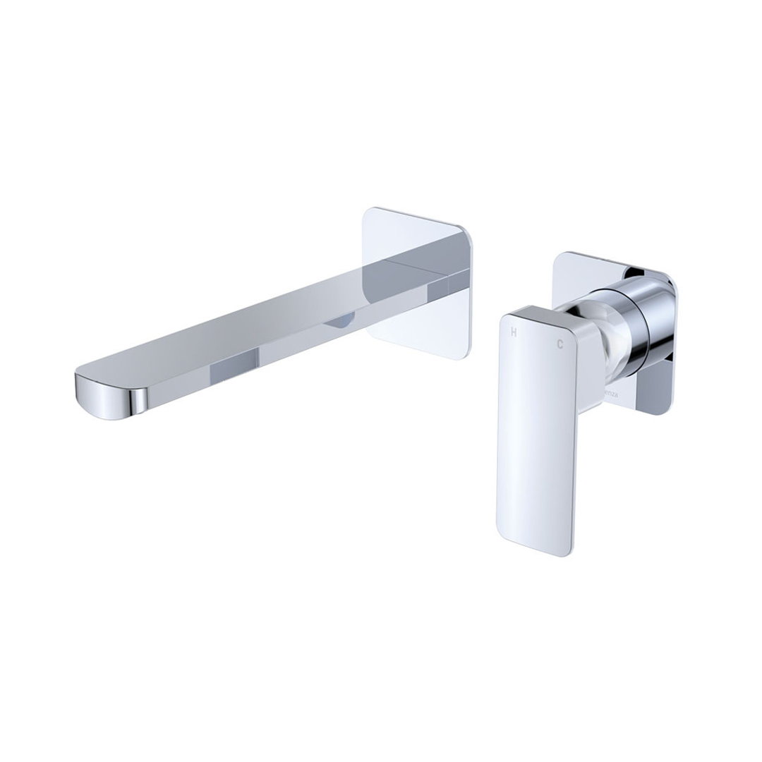 Fienza Tono Basin/Bath Wall Mixer 200mm Outlet Set Small Square Plates Chrome