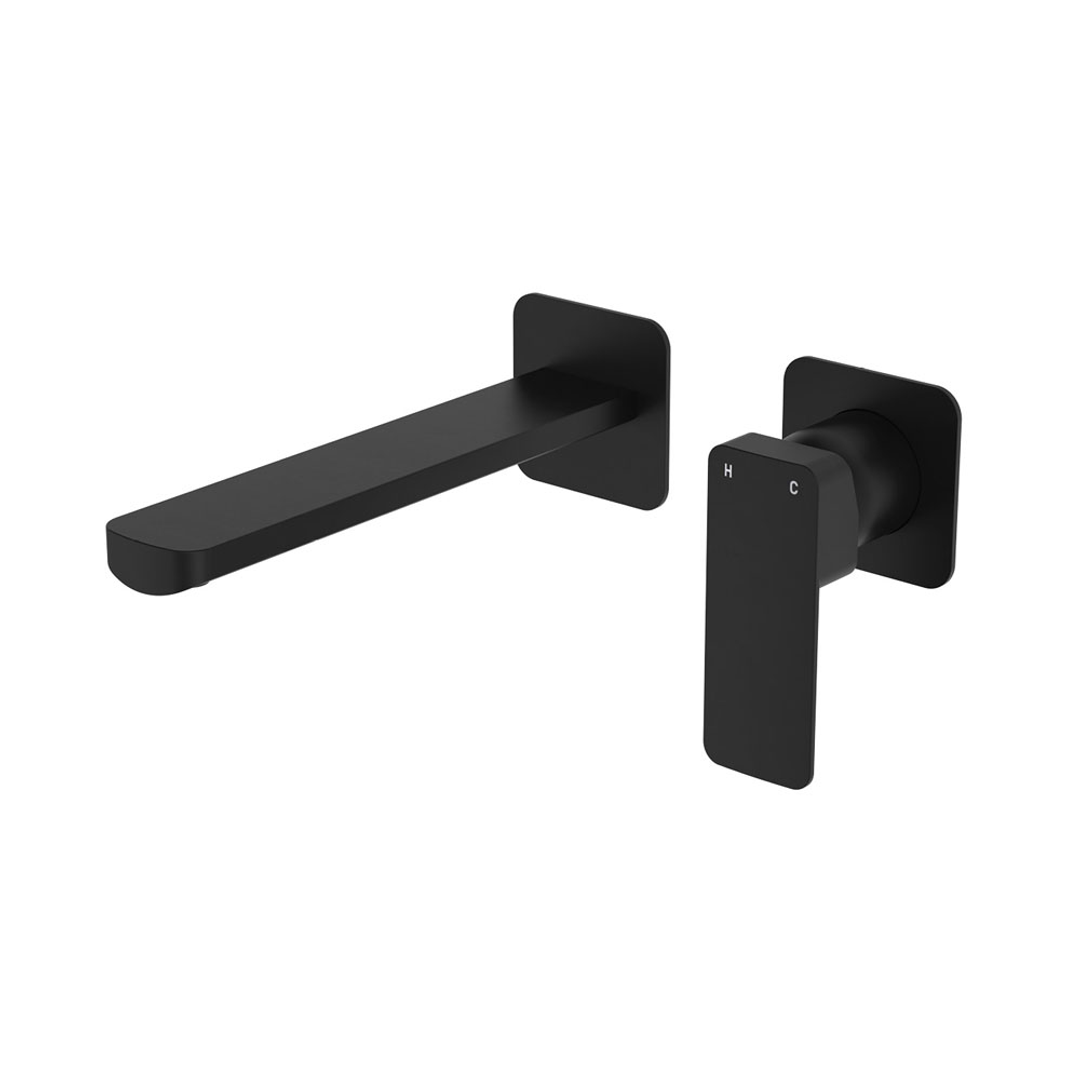 Fienza Tono Basin/Bath Wall Mixer 200Mm Outlet Set Small Square Plates Matte Black