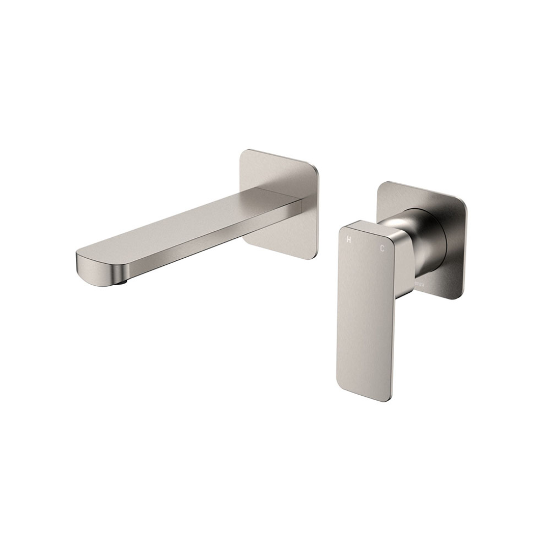 Fienza Tono Basin/Bath Wall Mixer 160mm Outlet Set Small Square Plates Brushed Nickel