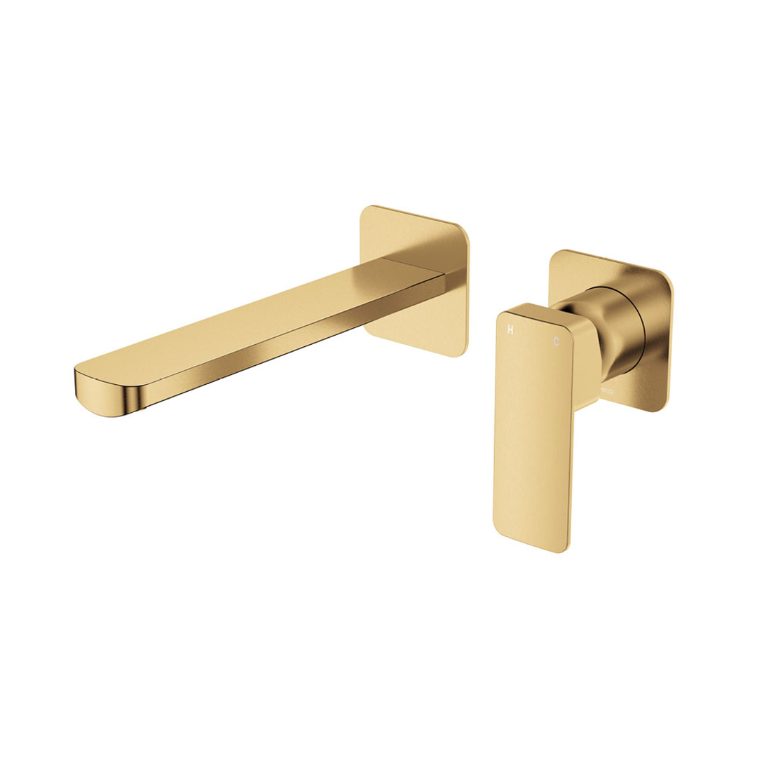 Fienza Tono Basin/Bath Wall Mixer 200mm Outlet Set Small Square Plates Urban Brass