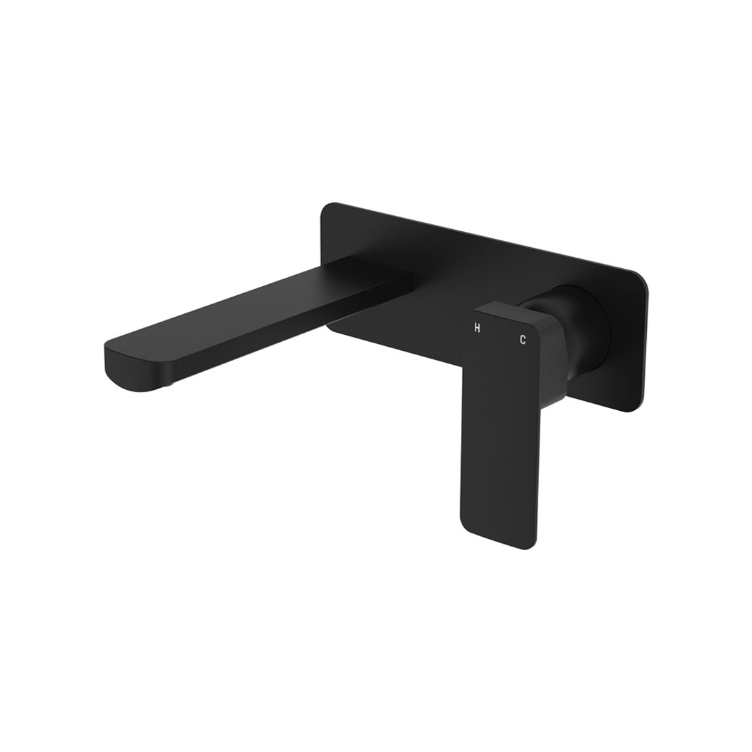 Fienza Tono Basin/Bath Wall Mixer 160mm Outlet Set Large Square Plates Matte Black