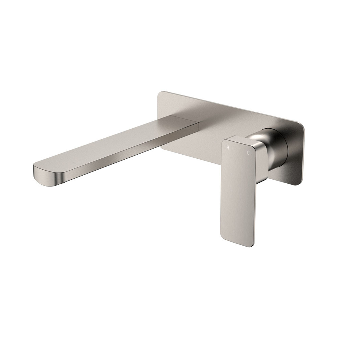 Fienza Tono Basin/Bath Wall Mixer 200mm Outlet Set Large Square Plates Brushed Nickel