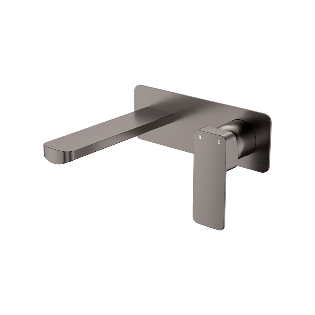 Fienza Tono Basin/Bath Wall Mixer 160mm Outlet Set Large Square Plates Gun Metal