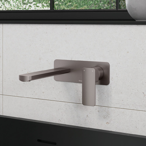 Fienza Tono Basin/Bath Wall Mixer 160mm Outlet Set Large Square Plates Gun Metal