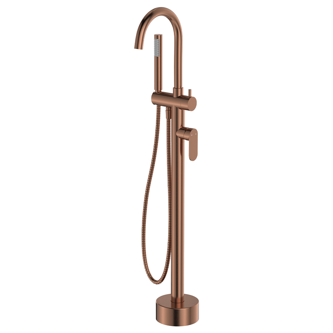 Fienza Empire Slim Floor Mounted Bath Mixer With Hand Shower Brushed Copper