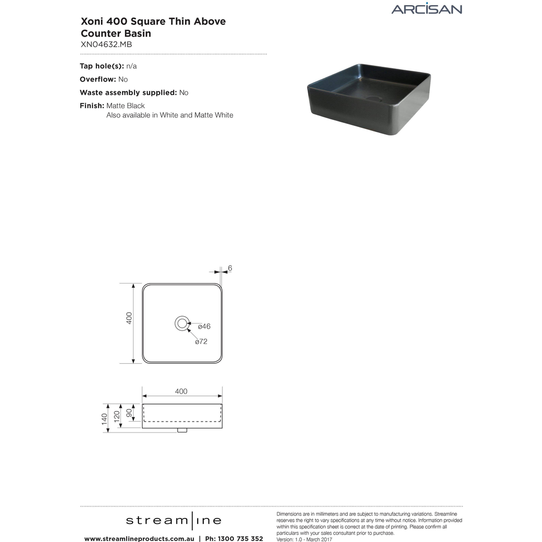 Streamline Arcisan Xoni 400 Thin Square Above Counter Basin - Matt Black