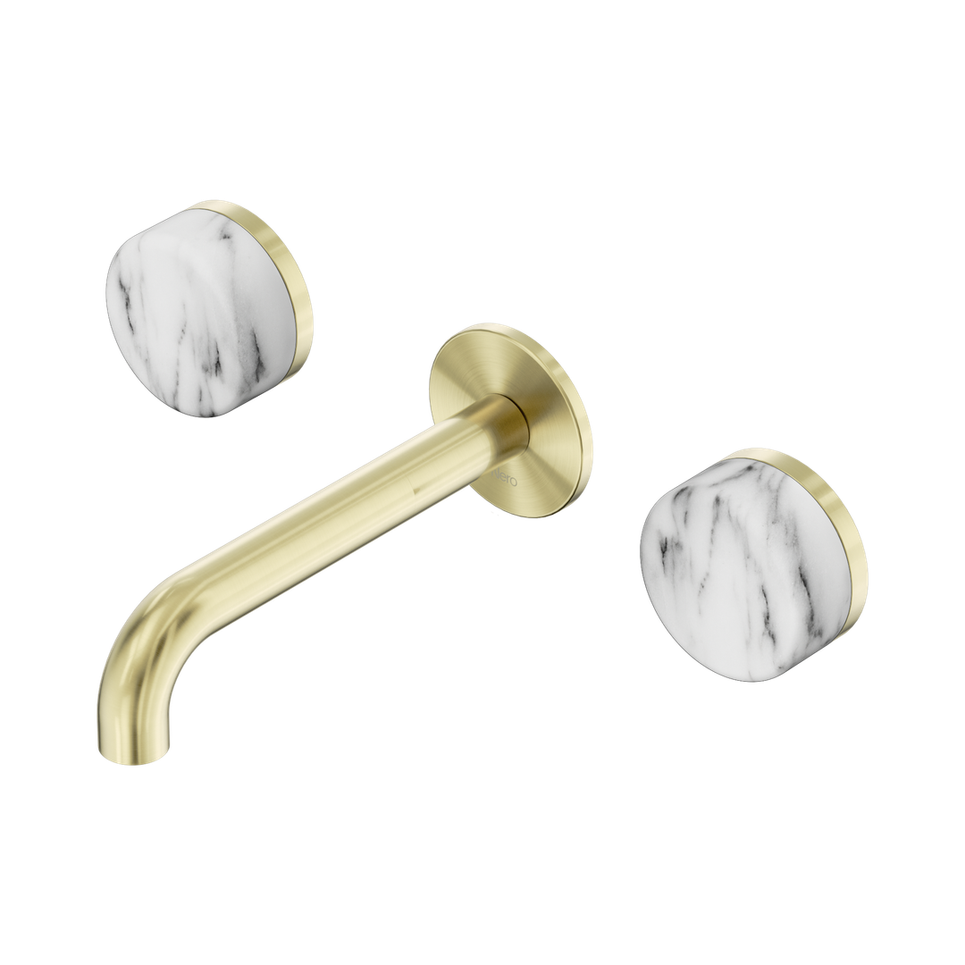 Nero Serenity Wall Basin Set 160Mm Spout With Arabescato Corchia Handle Brushed Gold