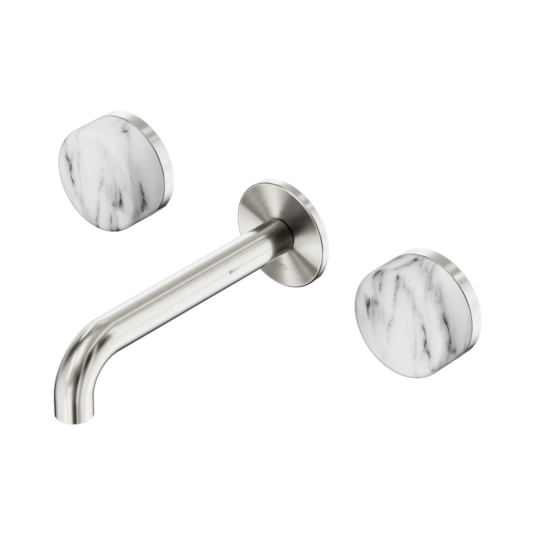 Nero Serenity Wall Basin Set 160Mm Spout With Arabescato Corchia Handle Brushed Nickel