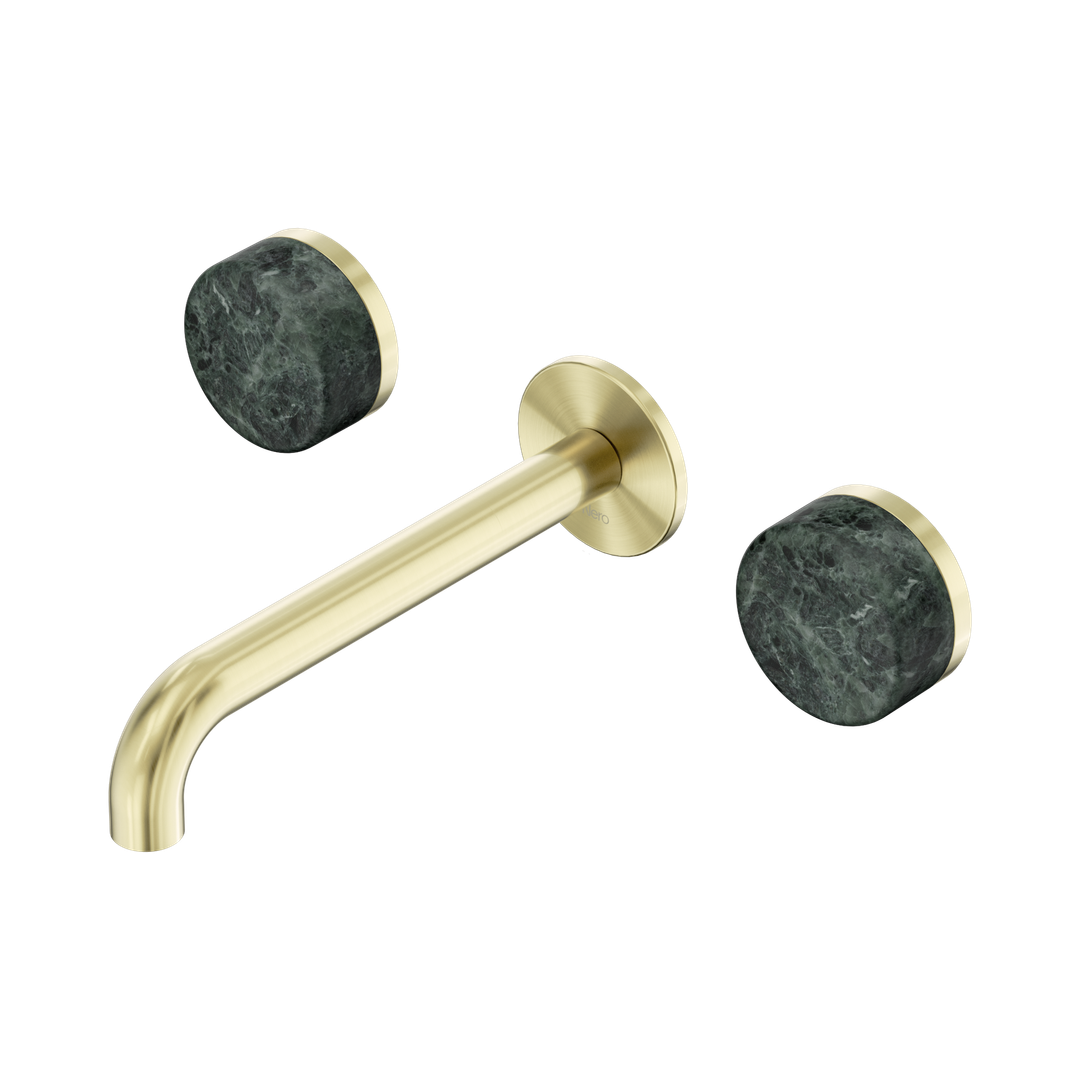 Nero Serenity Wall Basin Set 185Mm Spout With Verde Alpi Handle Brushed Gold