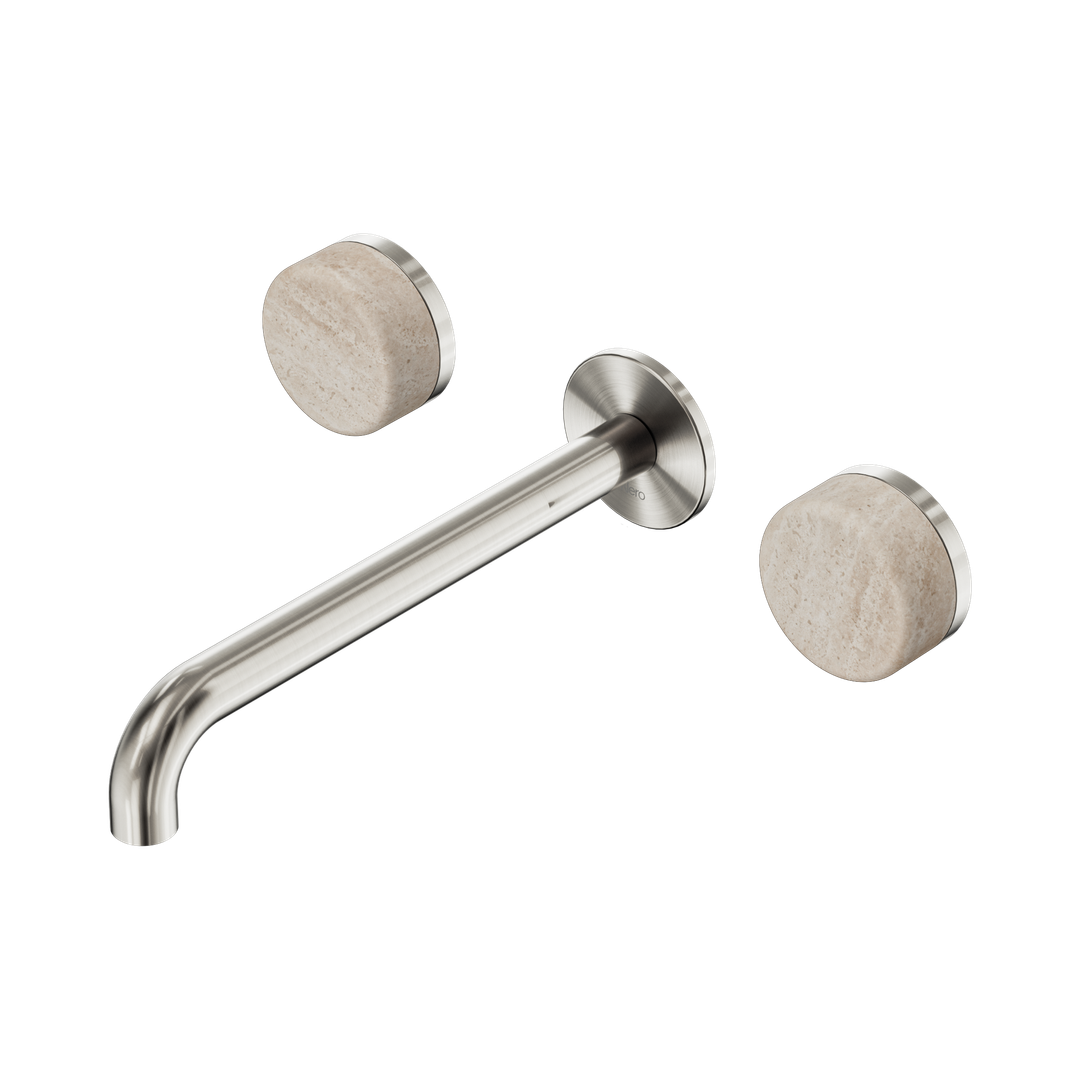 Nero Serenity Wall Basin Set 220Mm Spout With Rome Travertine Handle Brushed Nickel