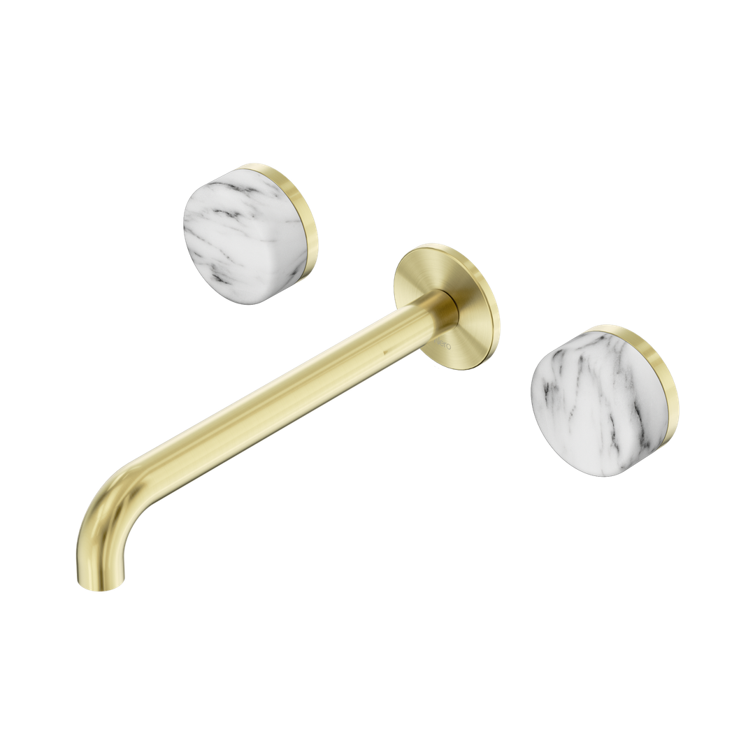 Nero Serenity Wall Basin Set 220Mm Spout With Arabescato Corchia Handle Brushed Gold