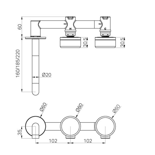 Nero Serenity Wall Basin Set 185Mm Offset Spout With Arabescato Corchia Handle Chrome