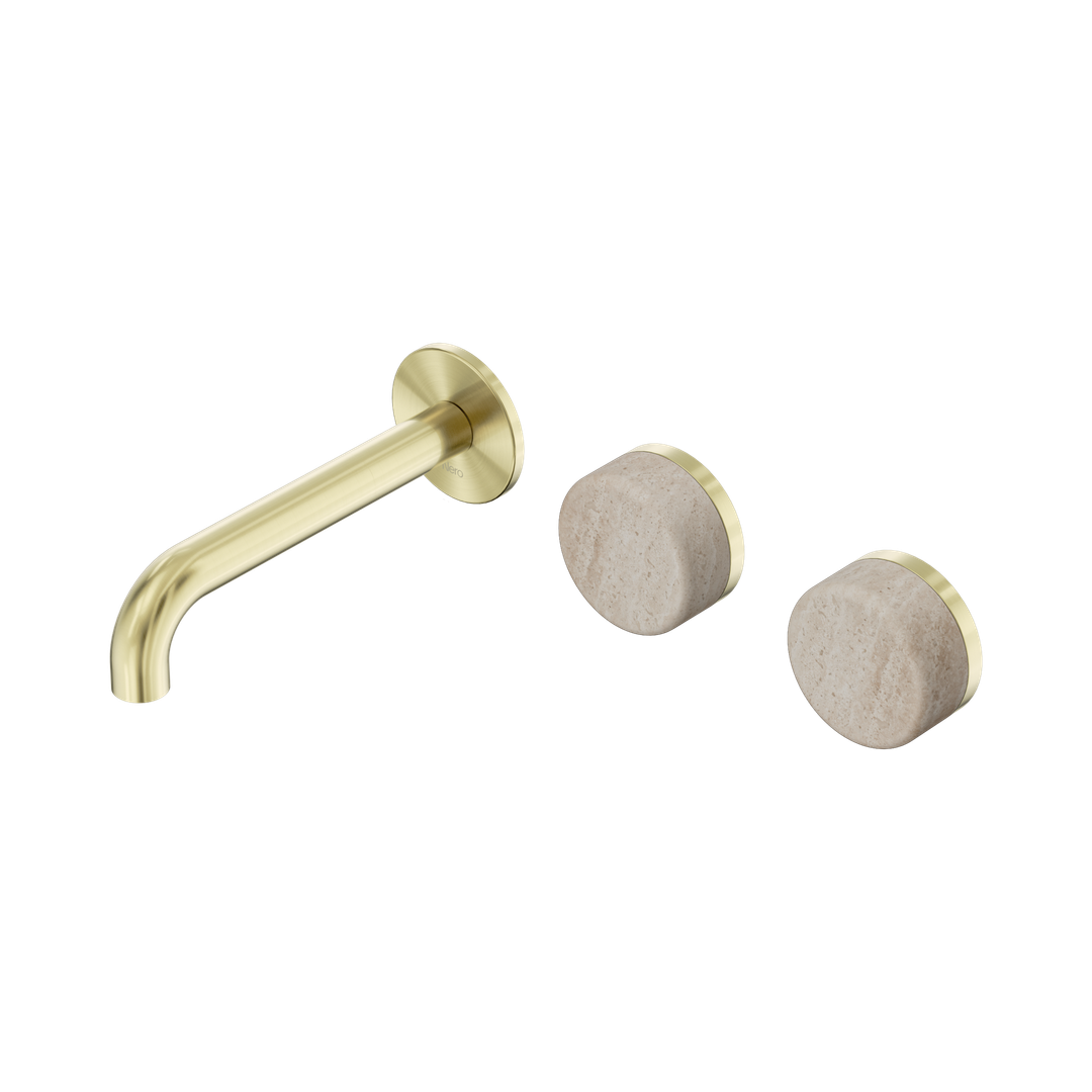 Nero Serenity Wall Basin Set 160Mm Offset Spout With Rome Travertine Handle Brushed Gold