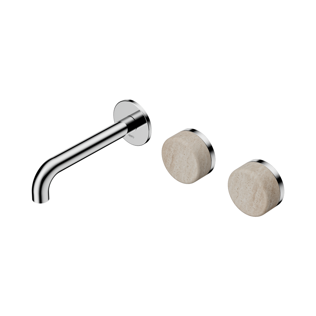 Nero Serenity Wall Basin Set 160Mm Offset Spout With Rome Travertine Handle Chrome