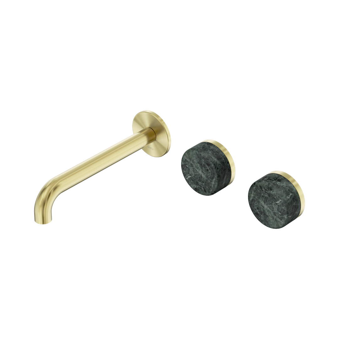 Nero Serenity Wall Basin Set 185Mm Offset Spout With Verde Alpi Handle Brushed Gold