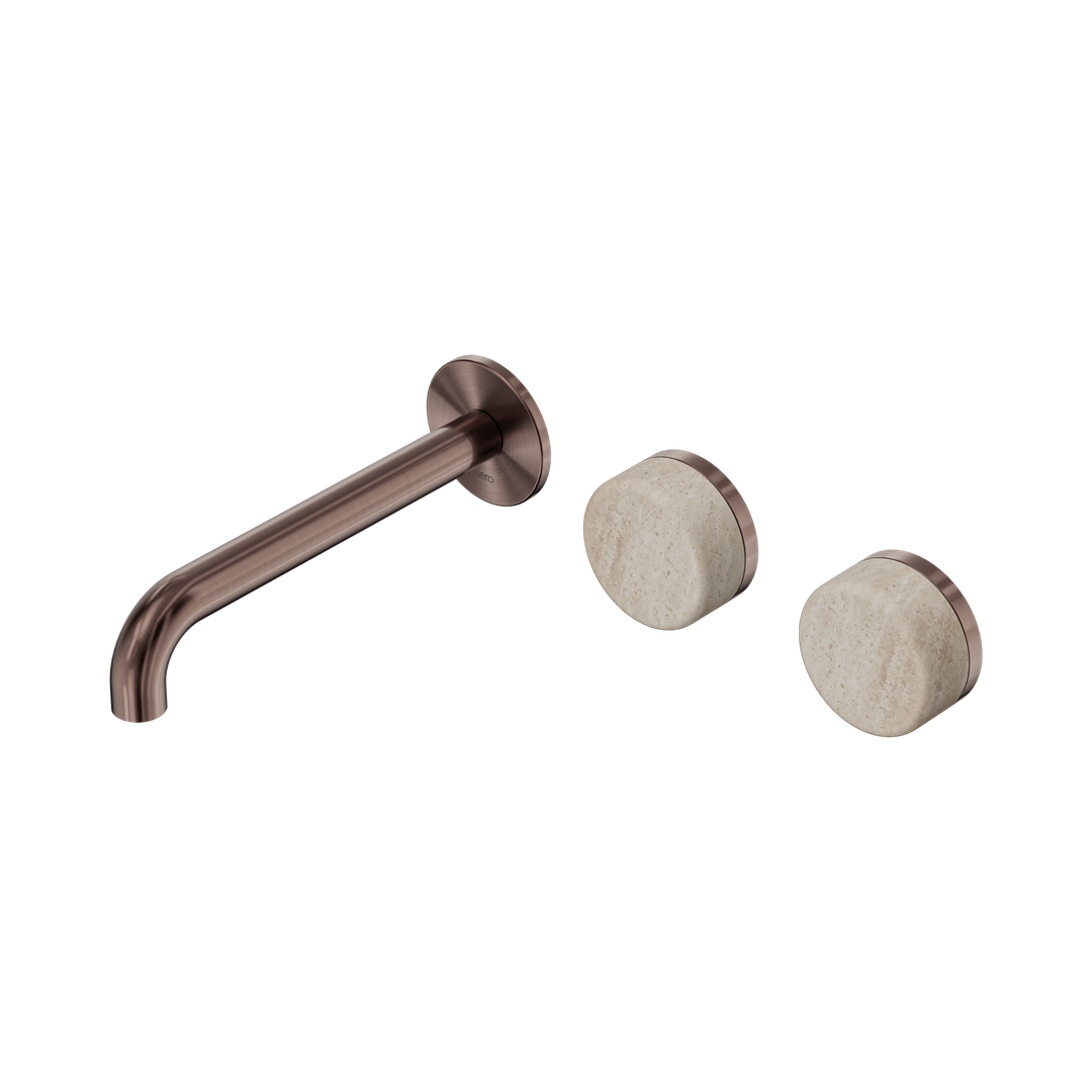 Nero Serenity Wall Basin Set 185Mm Offset Spout With Rome Travertine Handle Brushed Bronze