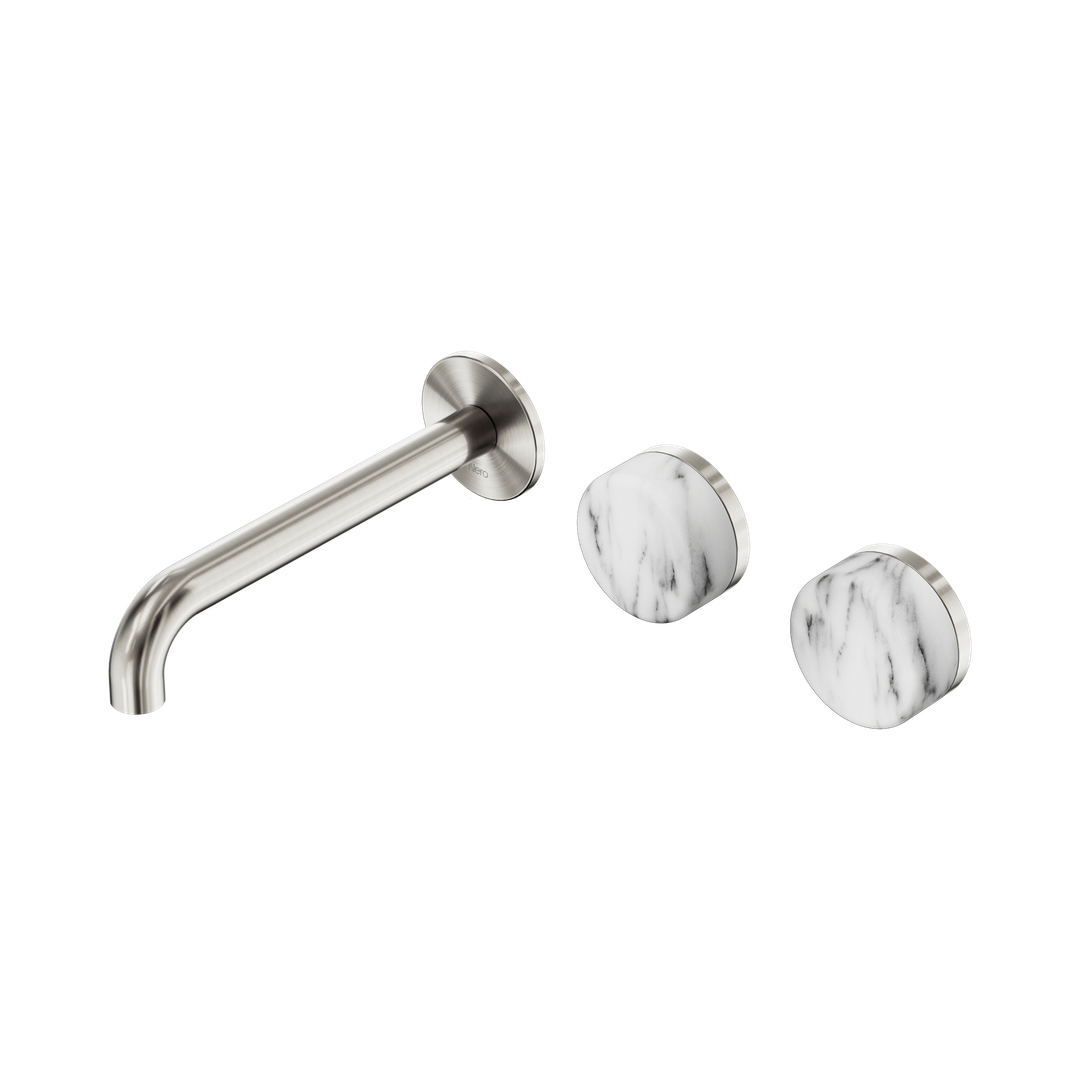 Nero Serenity Wall Basin Set 185Mm Offset Spout With Arabescato Corchia Handle Brushed Nickel