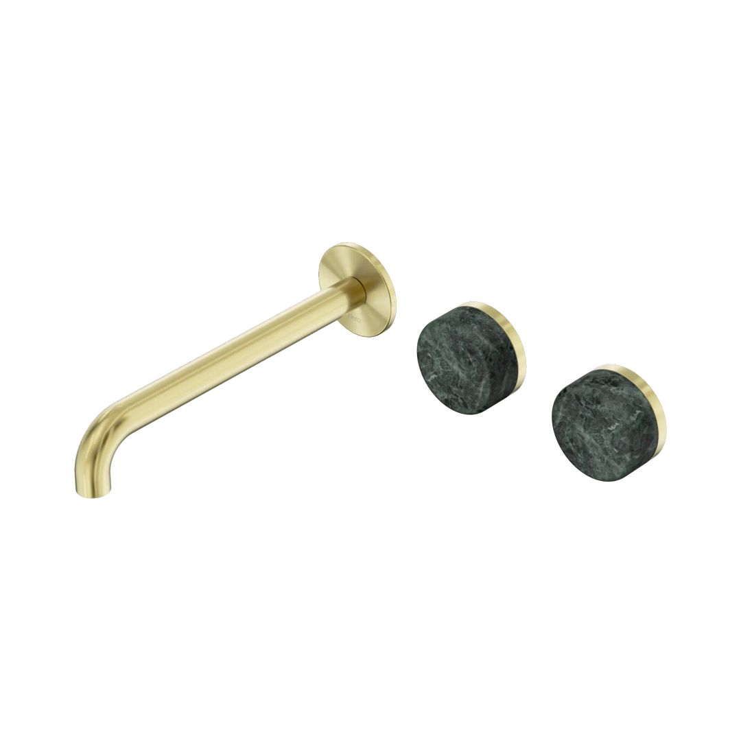 Nero Serenity Brushed Gold 220mm Offset Spout Verde Alpi Handle Wall Basin Set