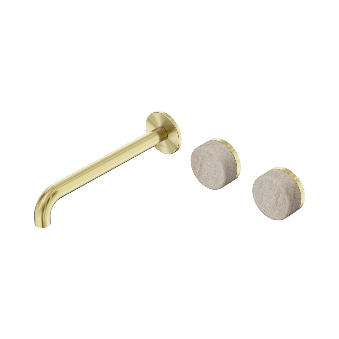 Nero Serenity Wall Basin Set 220Mm Offset Spout With Rome Travertine Handle Brushed Gold