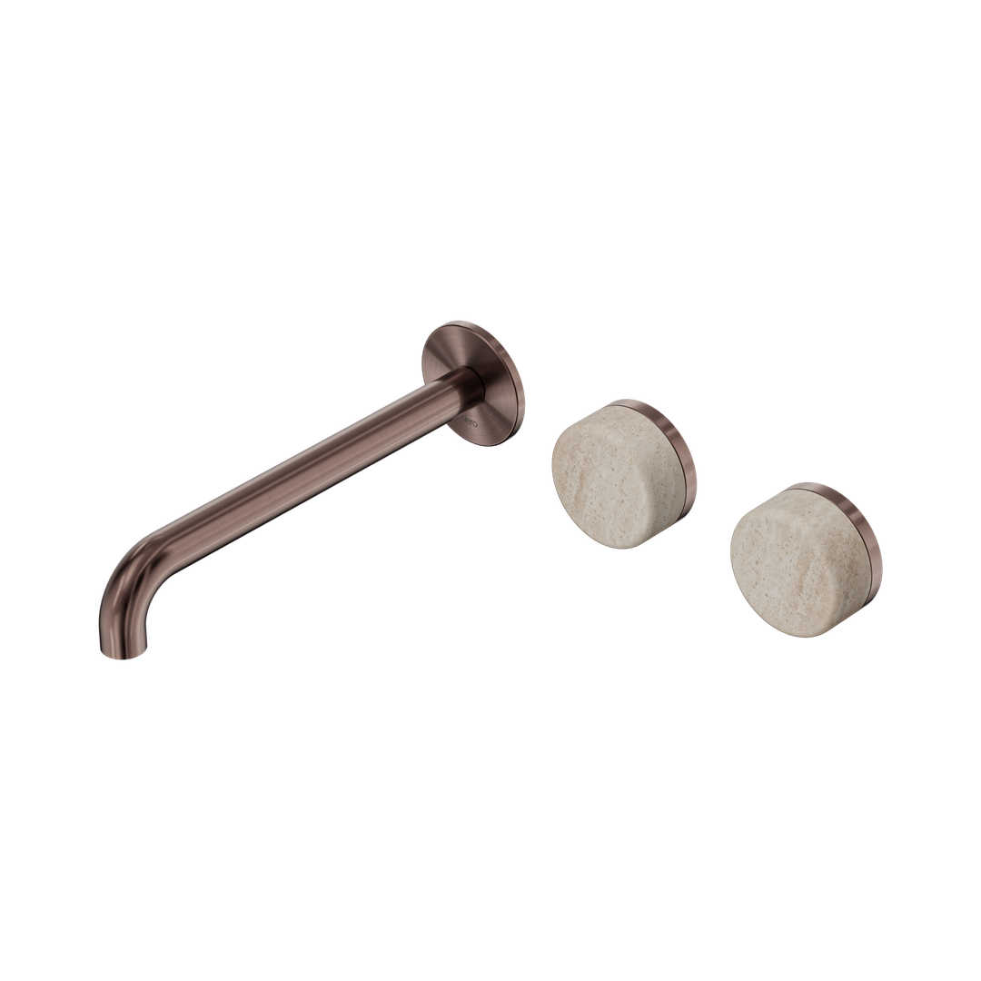 Nero Serenity Wall Basin Set 220Mm Offset Spout With Rome Travertine Handle Brushed Bronze