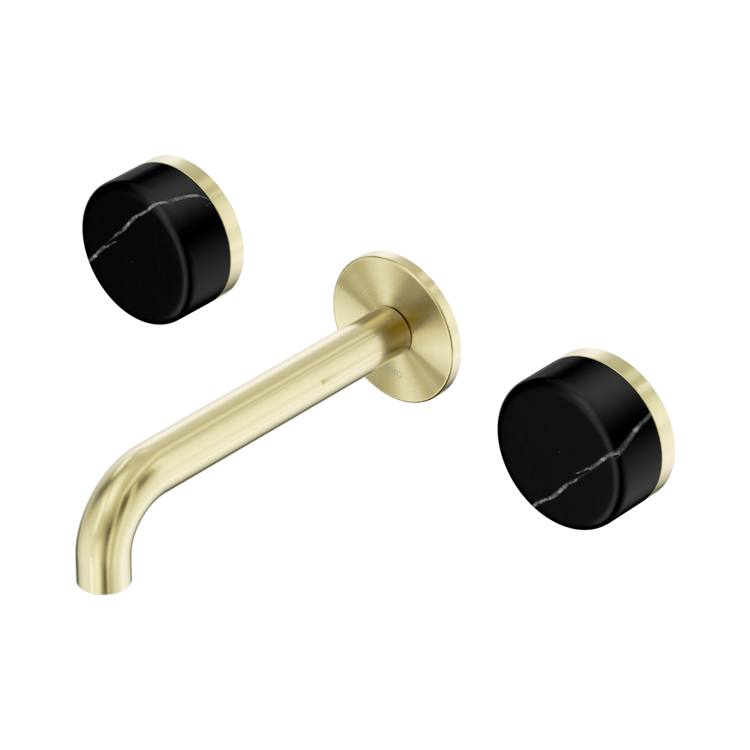 Nero Serenity Wall Basin Set 160Mm Spout With Marquina Black Handle Brushed Gold
