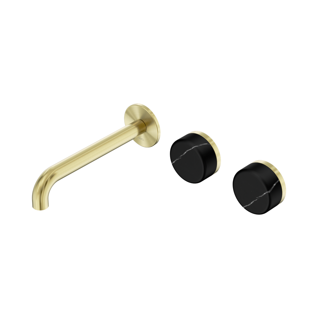 Nero Serenity Wall Basin Set 185Mm Offset Spout With Marquina Black Handle Brushed Gold