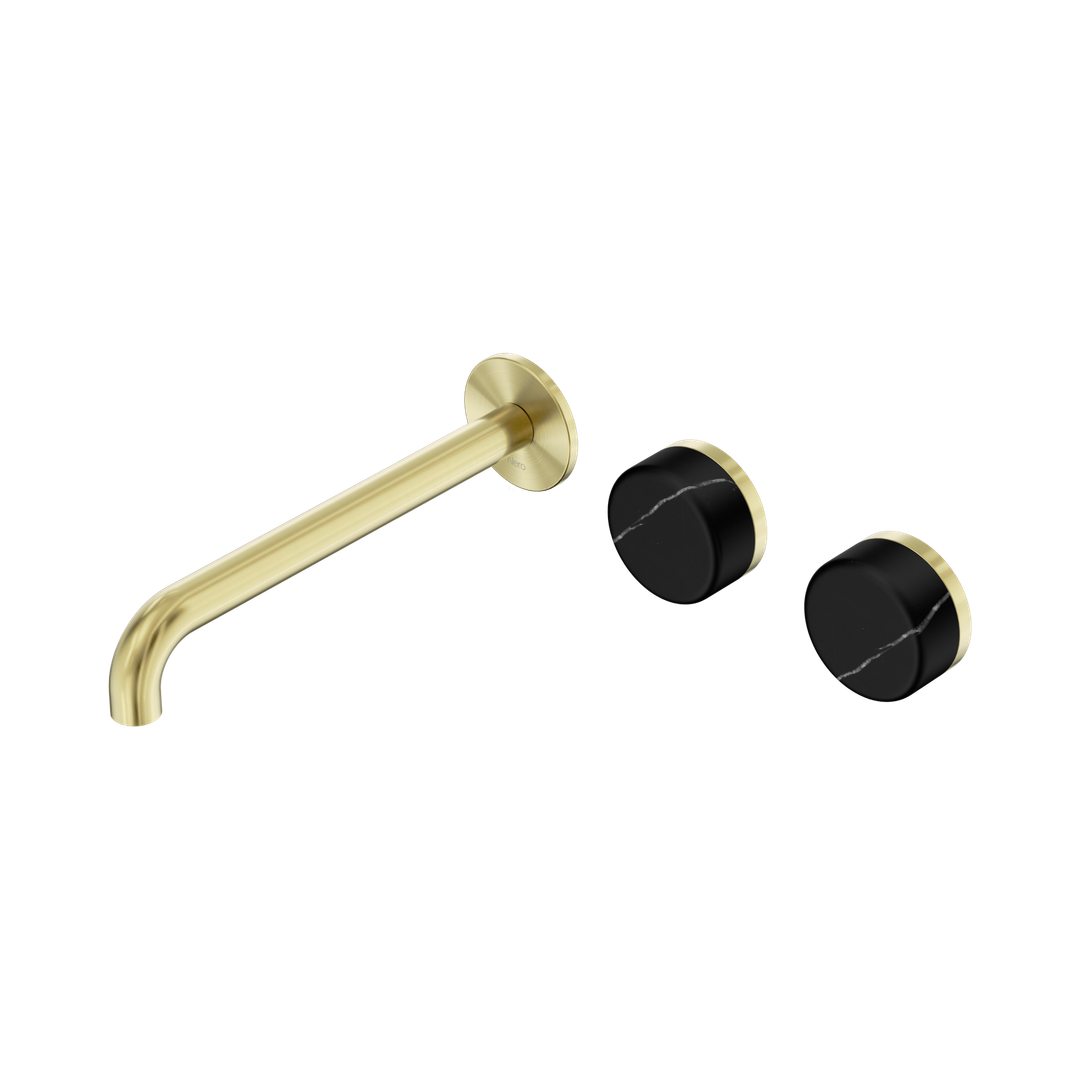 Nero Serenity Wall Basin Set 220Mm Offset Spout With Marquina Black Handle Brushed Gold