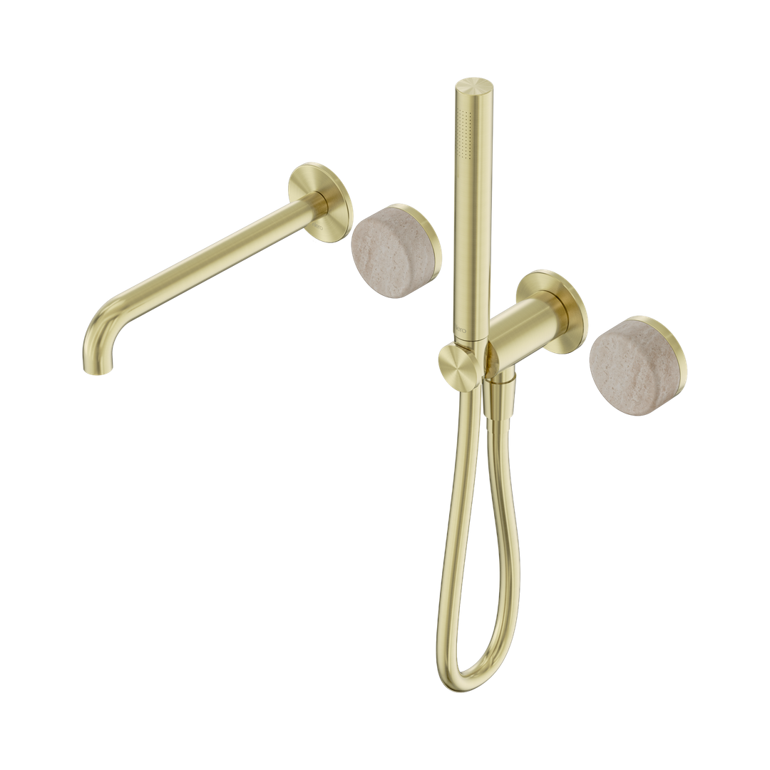 Nero Serenity Progressive Shower System With Spout With Rome Travertine Handle & Slim Shower Brushed Gold