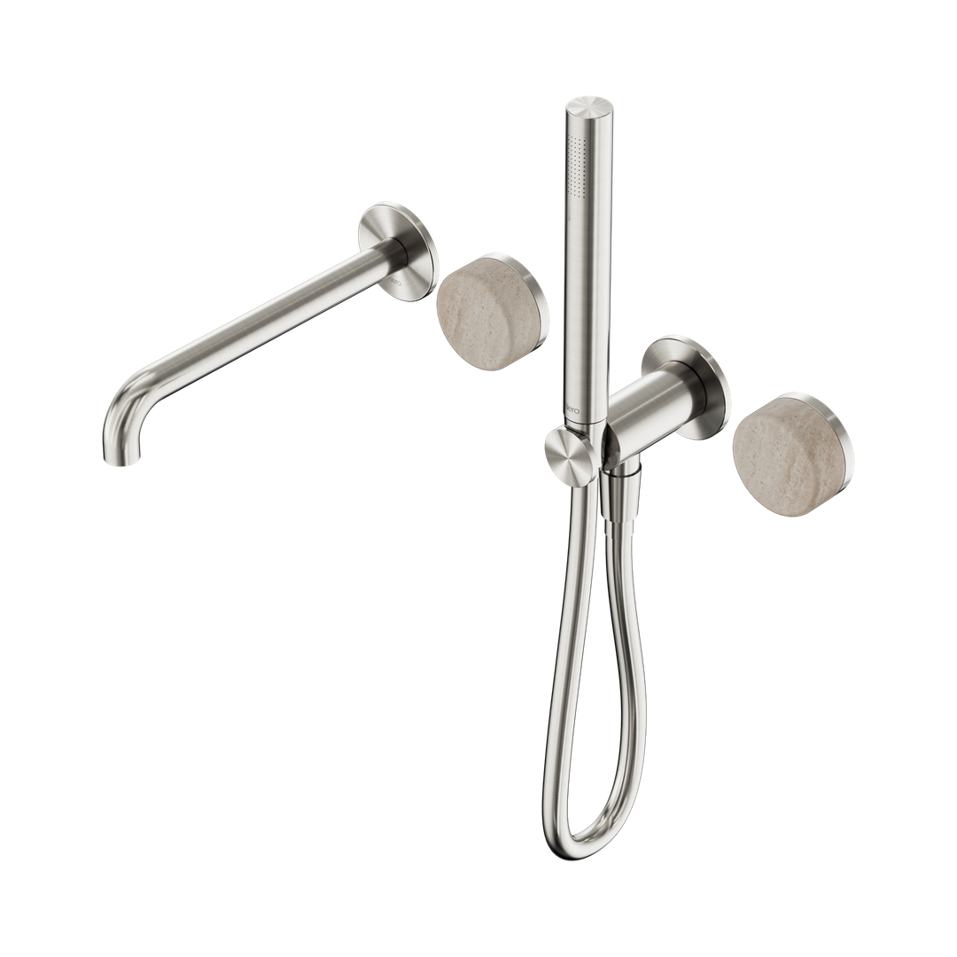 Nero Serenity Progressive Shower System With Spout Rome Travertine Handle & Slim Shower Brushed Nickel