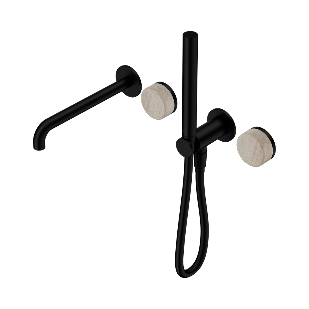 Nero Serenity Progressive Shower System With Spout With Rome Travertine Handle & Slim Shower Matte Black