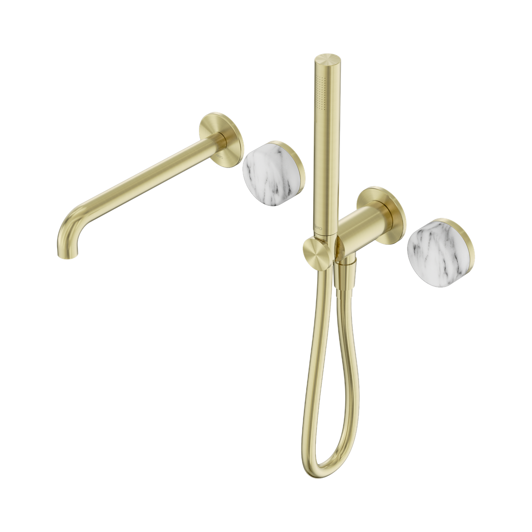 Nero Serenity Progressive Shower System With Spout With Arabescato Corchia Handle & Slim Shower Brushed Gold