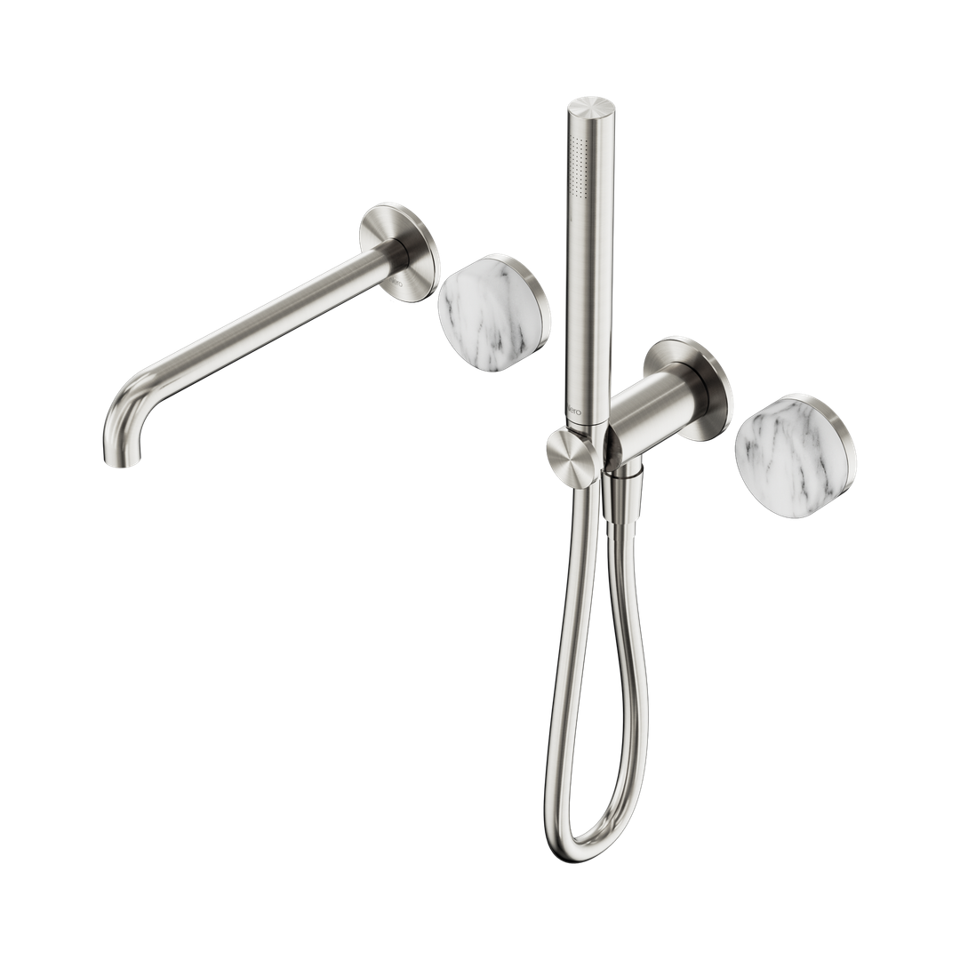 Nero Serenity Progressive Shower System With Spout Arabescato Corchia Handle & Slim Shower Brushed Nickel