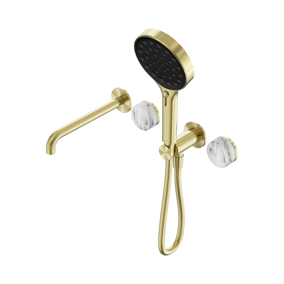Nero Serenity Progressive Shower System With Spout Arabescato Corchia Handle & Serenity Hand Shower Brushed Gold