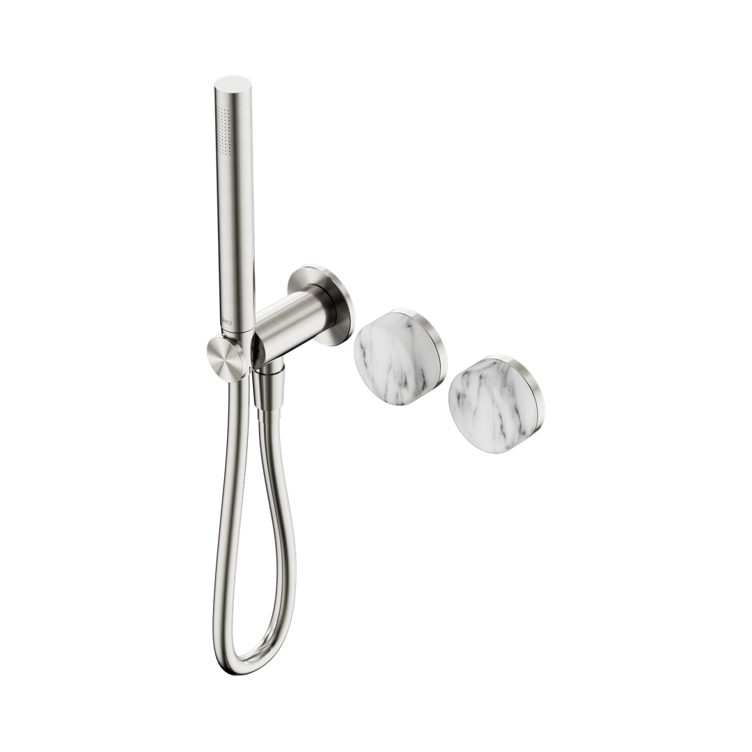Nero Serenity Progressive Shower System With Arabescato Corchia Handle & Slim Shower Brushed Nickel