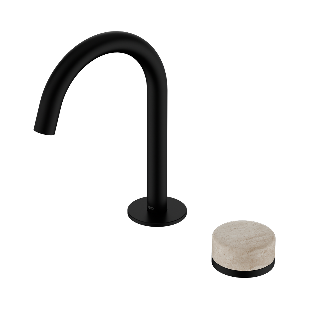 Nero Serenity Progressive Basin Mixer Arc Spout With Rome Travertine Handle Matte Black