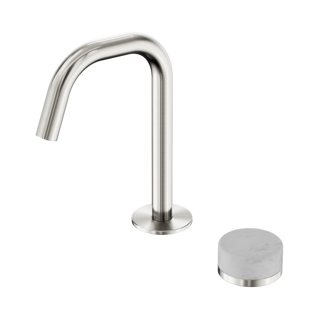 Nero Serenity Progressive Basin Mixer Edge Spout With Carrara Handle Brushed Nickel