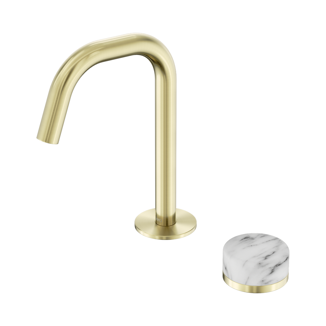 Nero Serenity Progressive Basin Mixer Edge Spout With Arabescato Corchia Handle Brushed Gold