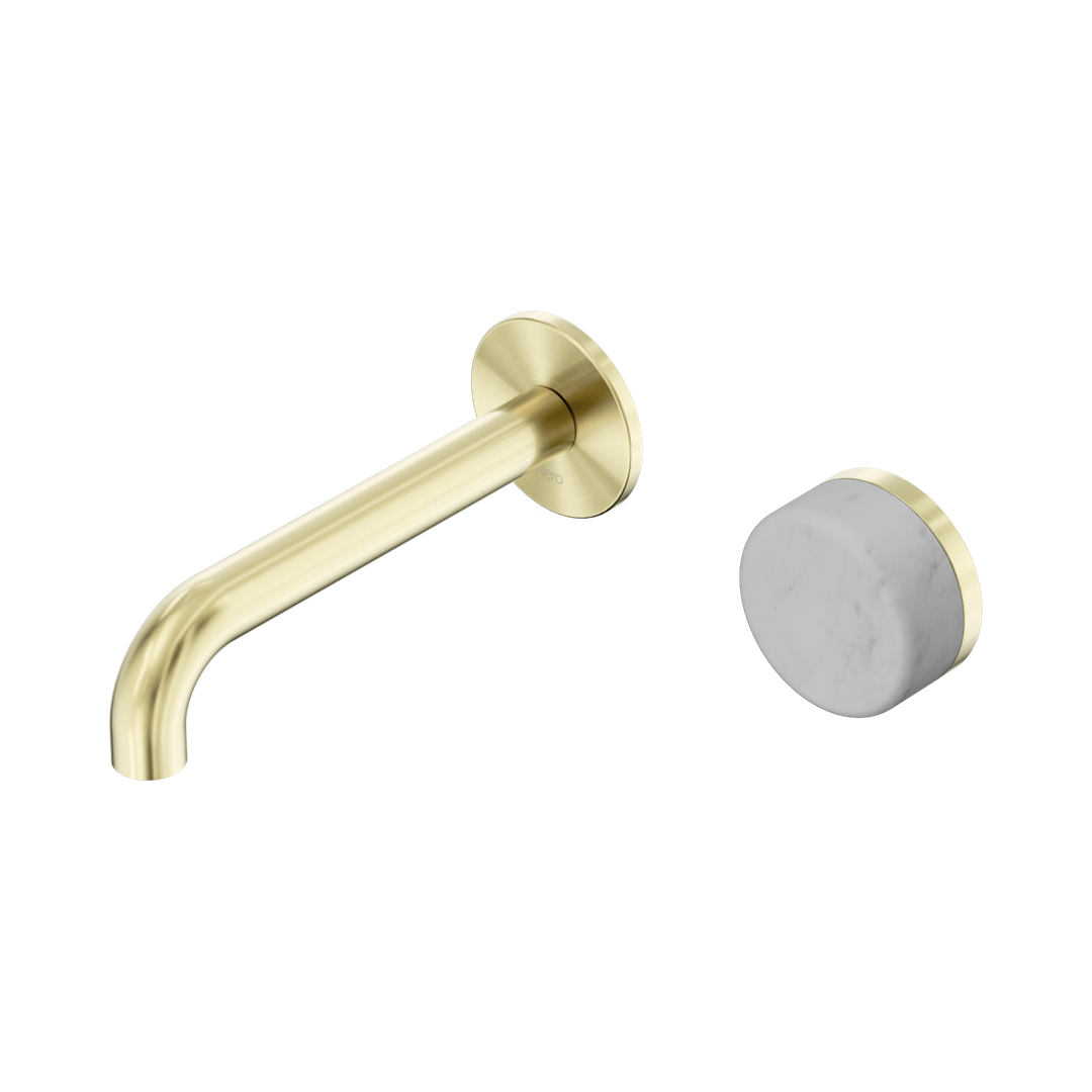 Nero Serenity Progressive Wall Basin Mixer 160Mm Spout With Carrara Handle Brushed Gold