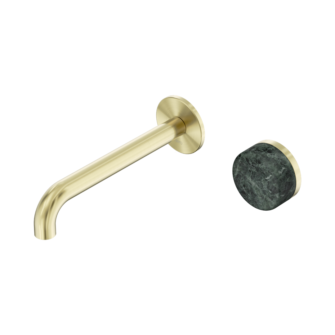 Nero Serenity Progressive Wall Basin Mixer 185Mm Spout With Verde Alpi Handle Brushed Gold