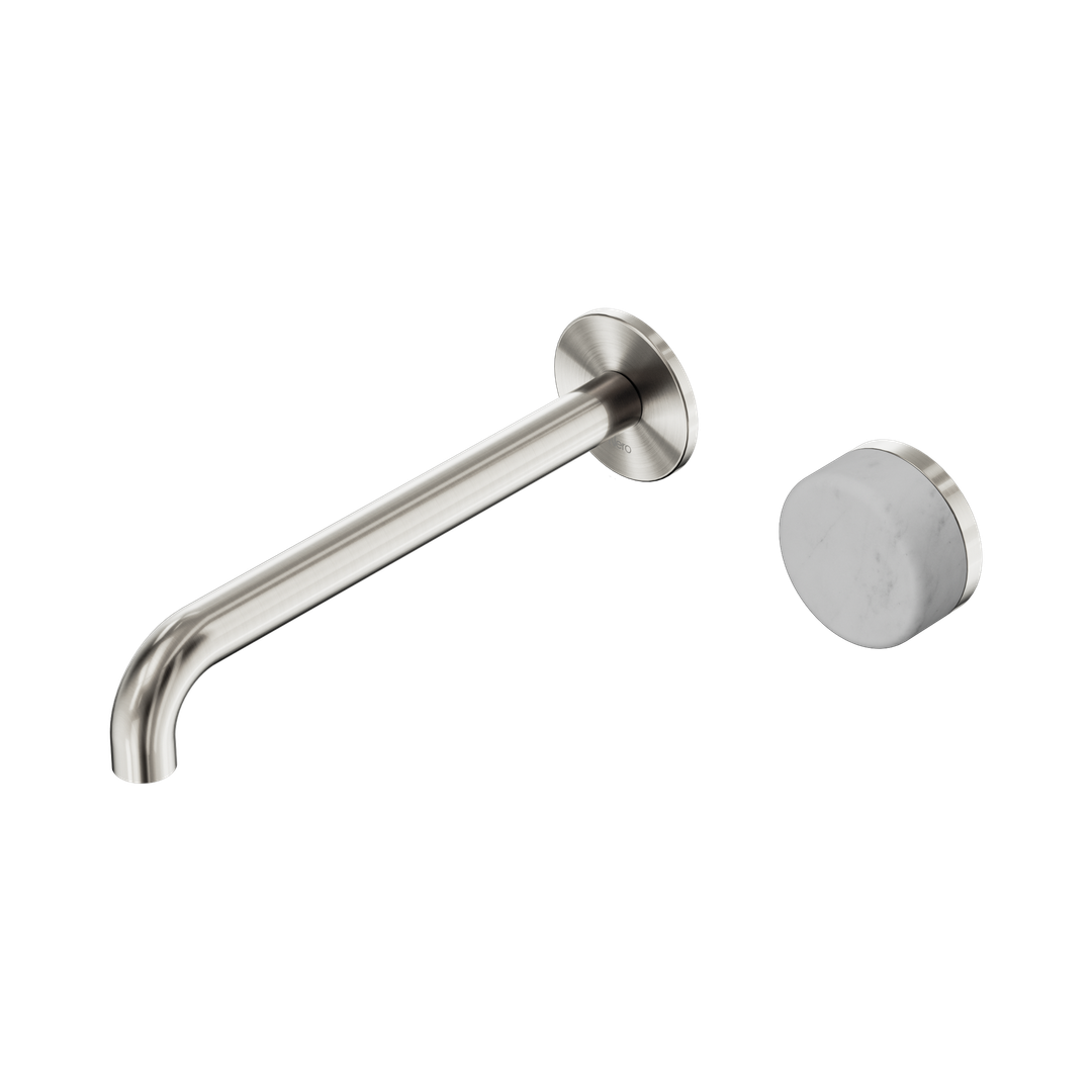 Nero Serenity Progressive Wall Basin Mixer 220Mm Spout With Carrara Handle Brushed Nickel