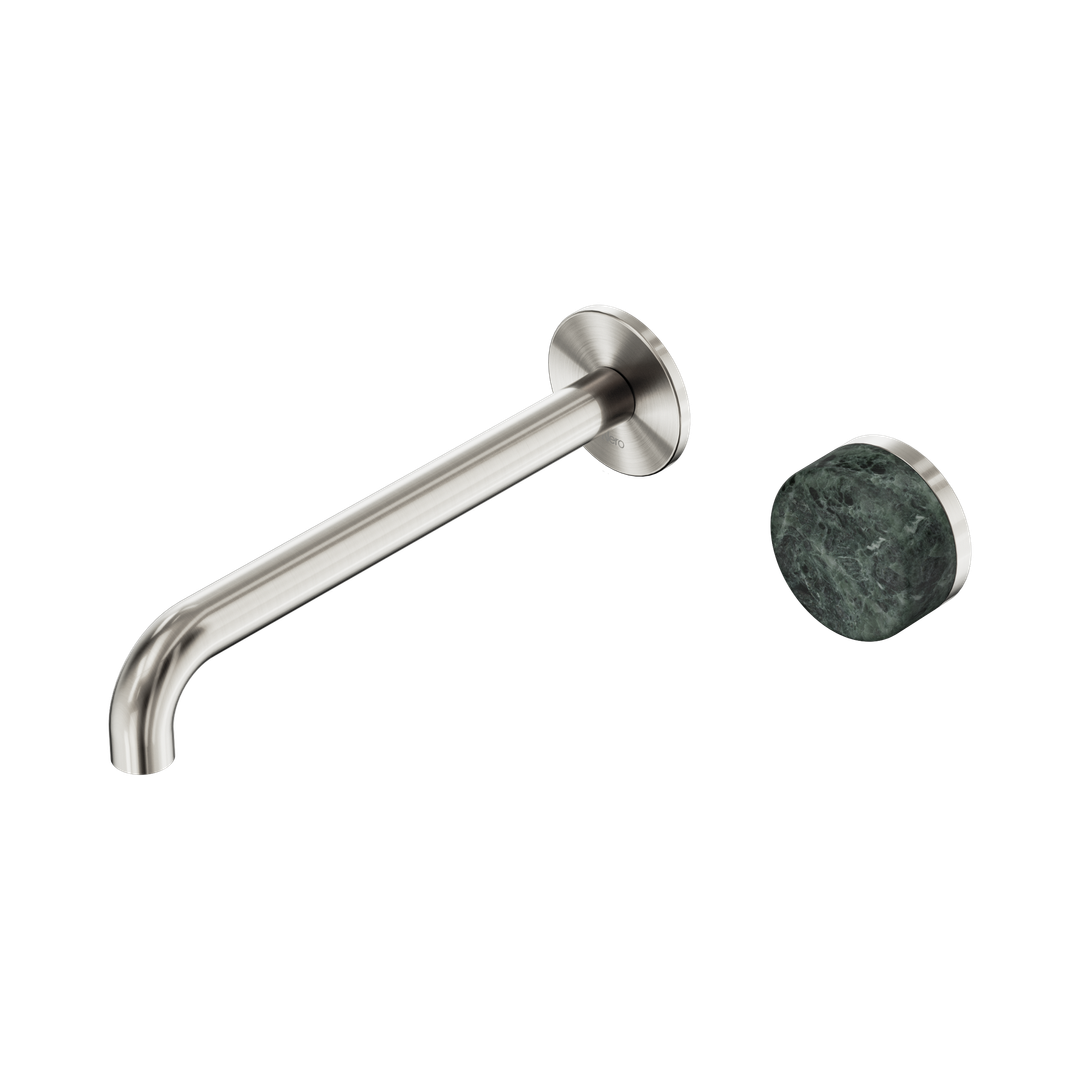 Nero Serenity Progressive Wall Basin Mixer 220Mm Spout With Verde Alpi Handle Brushed Nickel