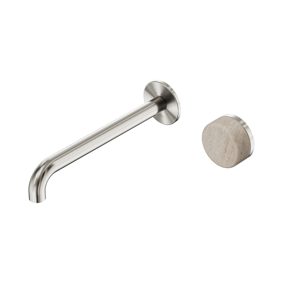Nero Serenity Progressive Wall Basin Mixer 220Mm Spout With Rome Travertine Handle Brushed Nickel