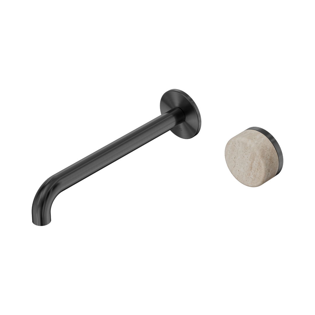 Nero Serenity Progressive Wall Basin Mixer 220Mm Spout With Rome Travertine Handle Gun Metal