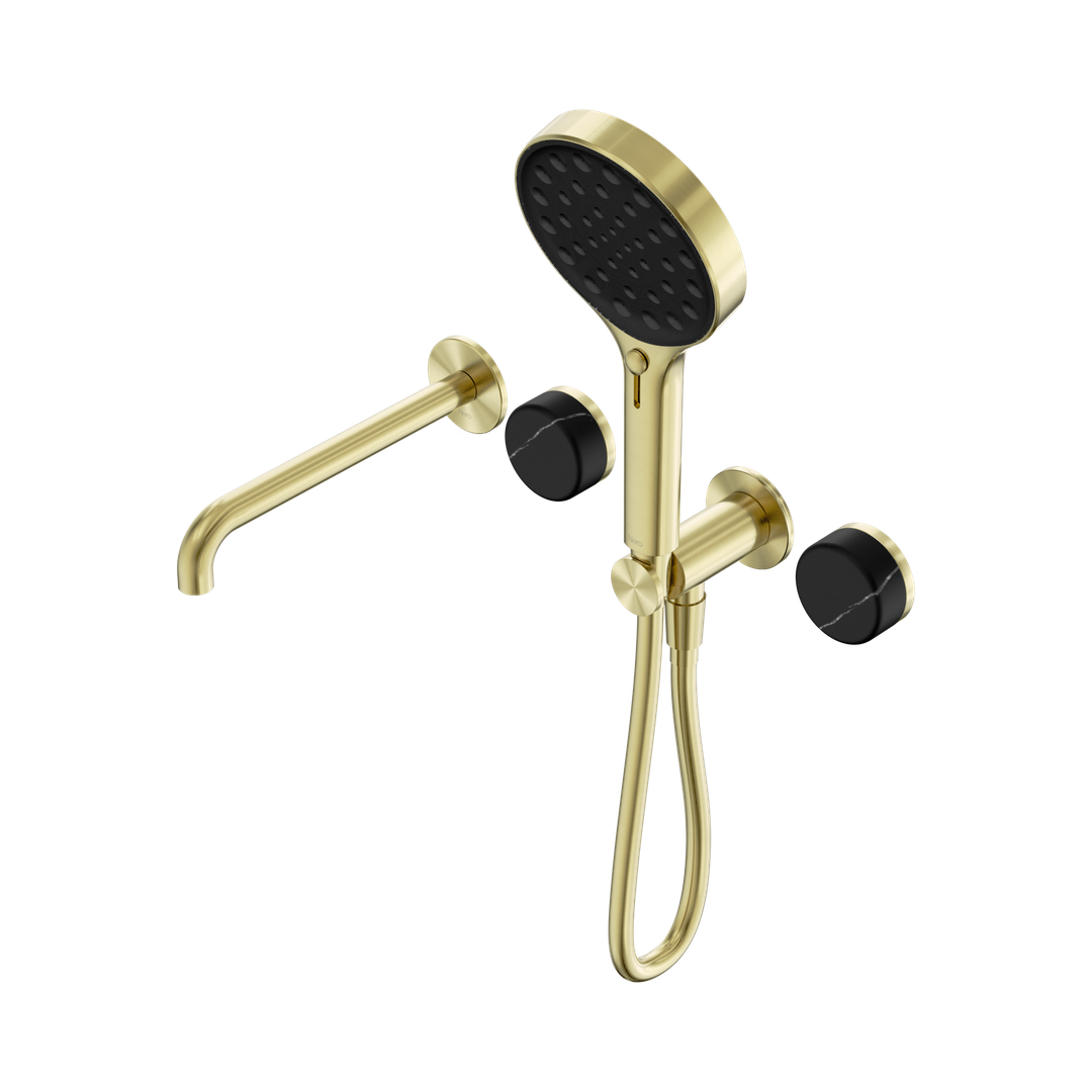 Nero Serenity Progressive Shower System With Spout Marquina Black Handle & Serenity Hand Shower Brushed Gold
