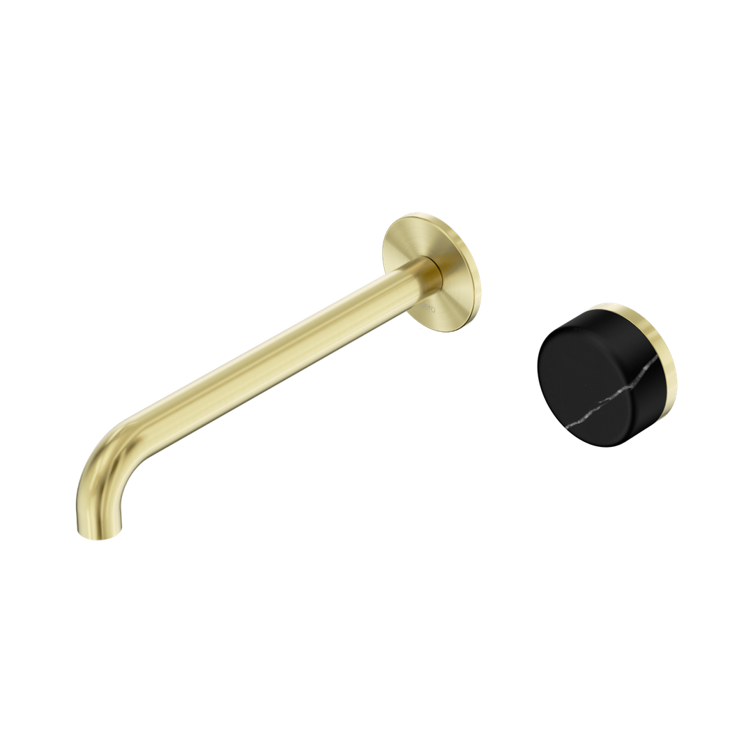 Nero Serenity Progressive Wall Basin Mixer 220Mm Spout With Marquina Black Handle Brushed Gold