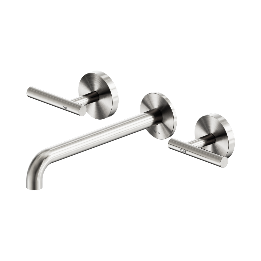 Nero Mecca Lever Wall Basin/Bath Set 220Mm Spout Brushed Nickel
